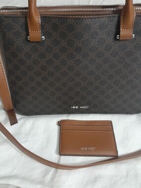 Nine West Brown Monogram Tote with Tan Accents and Card Holder